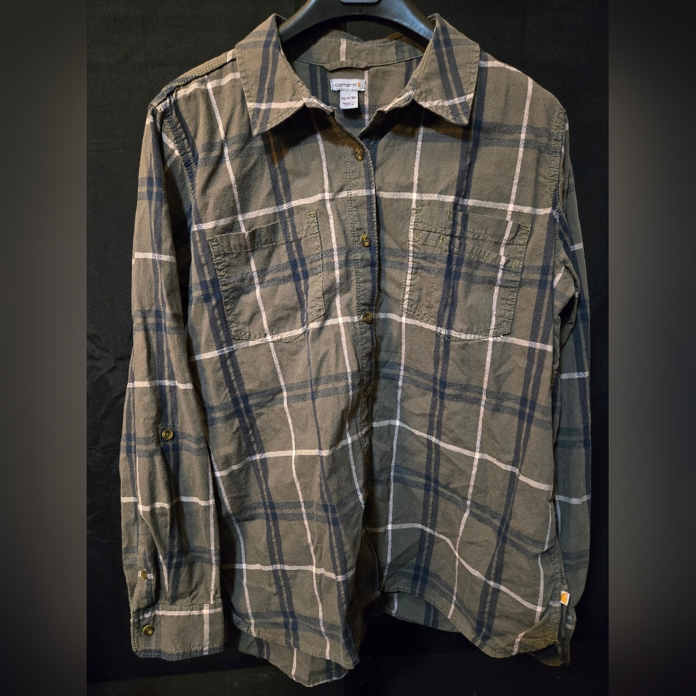 Carhartt Olive Green Plaid Long Sleeve Button Down Shirt Mens Size XL (16-18)